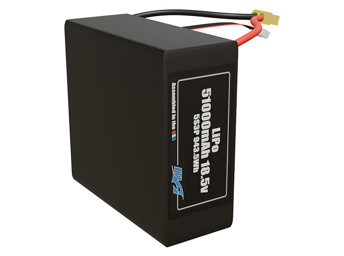 Side-angle render of a 18.5-volt 51000mAh lithium-polymer battery, assembled in the USA for compact UAV, drone, and military robotics platforms.