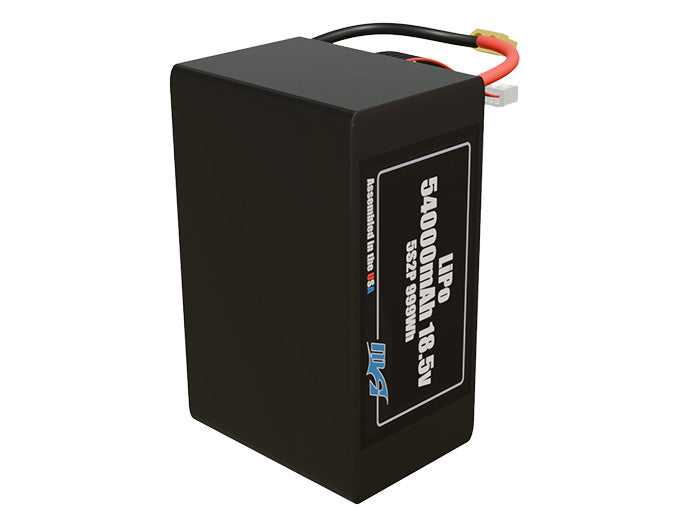Side-angle render of a 18.5-volt 54000mAh lithium-polymer battery, assembled in the USA for compact UAV, drone, and military robotics platforms.