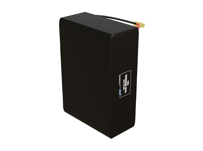 Side-angle render of a 18.5-volt 5600mAh lithium-polymer battery, assembled in the USA for compact UAV, drone, and military robotics platforms.