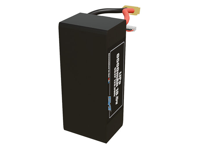Side-angle render of a 18.5-volt 6500mAh lithium-polymer battery, assembled in the USA for compact UAV, drone, and military robotics platforms.