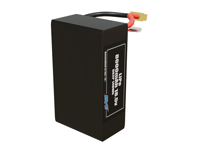 Side-angle render of a 18.5-volt 8000mAh lithium-polymer battery, assembled in the USA for compact UAV, drone, and military robotics platforms.