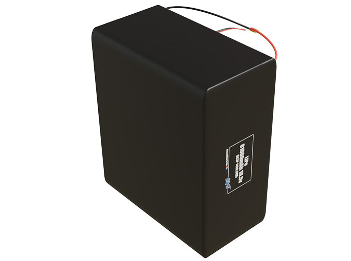 Side-angle render of a 18.5-volt 81000mAh lithium-polymer battery, assembled in the USA for compact UAV, drone, and military robotics platforms.