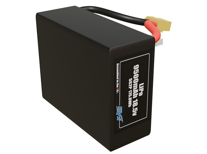 Side-angle render of a 18.5-volt 9500mAh lithium-polymer battery, assembled in the USA for compact UAV, drone, and military robotics platforms.