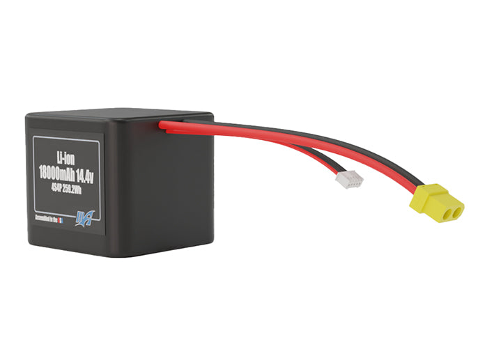 Angled product render of the 18000mAh 16-cell Lithium-ion pack. A lightweight energy source for UAV, drone, and robotic builds.