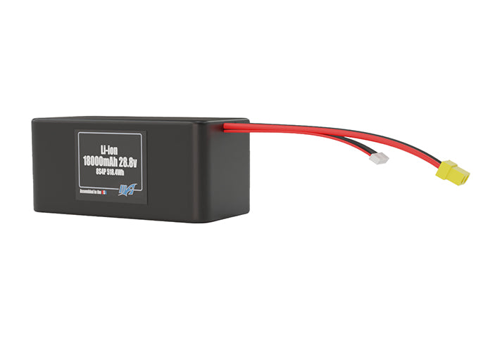 Angled product render of the 18000mAh 32-cell Lithium-ion pack. A lightweight energy source for UAV, drone, and robotic builds.