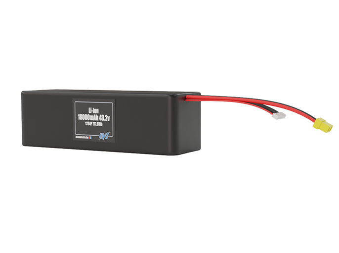 Angled product render of the 18000mAh 48-cell Lithium-ion pack. A lightweight energy source for UAV, drone, and robotic builds.