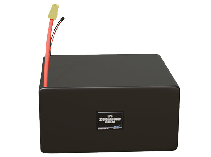 Front-facing render of the 66.6V 23000mAh 18S LiPo battery, assembled in the USA by maxamps, for drone and robotics applications.