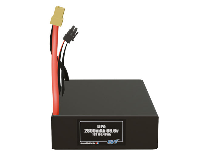 Front-facing render of the 66.6V 2800mAh 18S LiPo battery, assembled in the USA by maxamps, for drone and robotics applications.