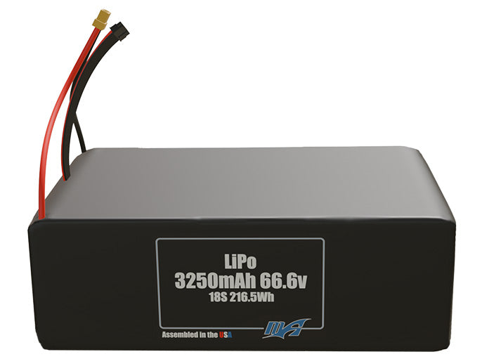 Front-facing render of the 66.6V 3250mAh 18S LiPo battery, assembled in the USA by maxamps, for drone and robotics applications.
