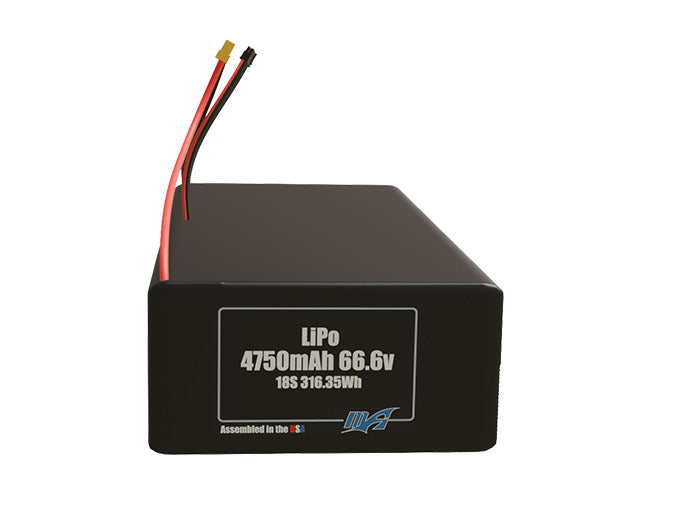 Front-facing render of the 66.6V 4750mAh 18S LiPo battery, assembled in the USA by maxamps, for drone and robotics applications.
