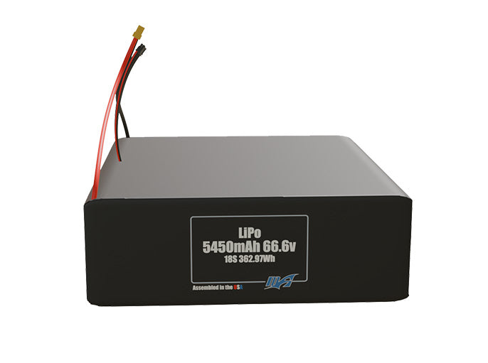 Front-facing render of the 66.6V 5450mAh 18S LiPo battery, assembled in the USA by maxamps, for drone and robotics applications.