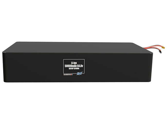 Front-facing render of the 64.8V 50000mAh 18S10P Lithium-Ion battery, assembled in the USA by maxamps, for drone and robotics applications.