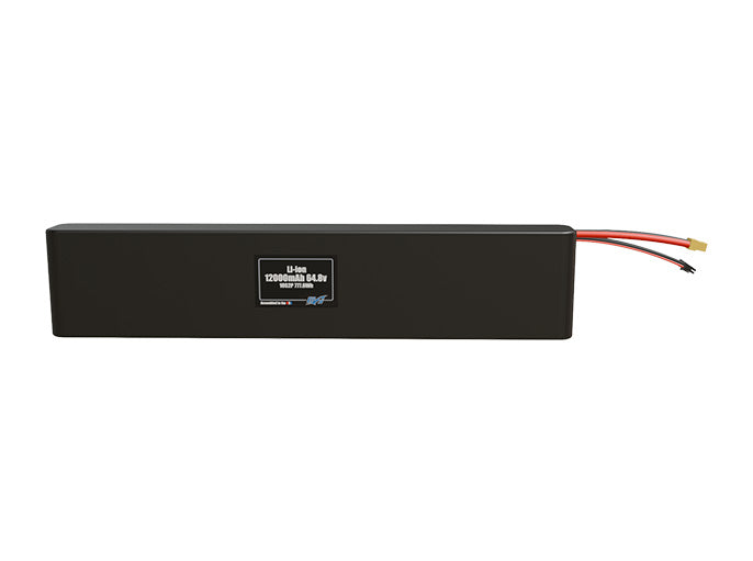 Front-facing render of the 64.8V 12000mAh 18S2P Li-ion battery, assembled in the USA by maxamps, for drone and robotics applications.