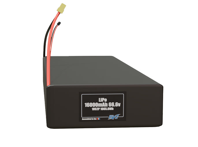 Front-facing render of the 66.6V 16000mAh 18S2P LiPo battery, assembled in the USA by maxamps, for drone and robotics applications.