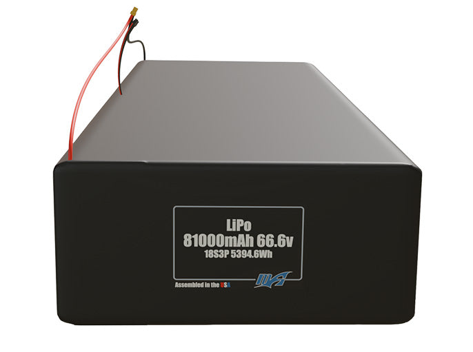 Front-facing render of the 66.6V 81000mAh 18S3P LiPo battery, assembled in the USA by maxamps, for drone and robotics applications.