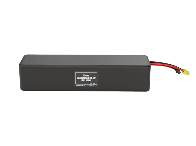 Front-facing render of the 64.8V 25000mAh 18S5P Lithium-Ion battery, assembled in the USA by maxamps, for drone and robotics applications.