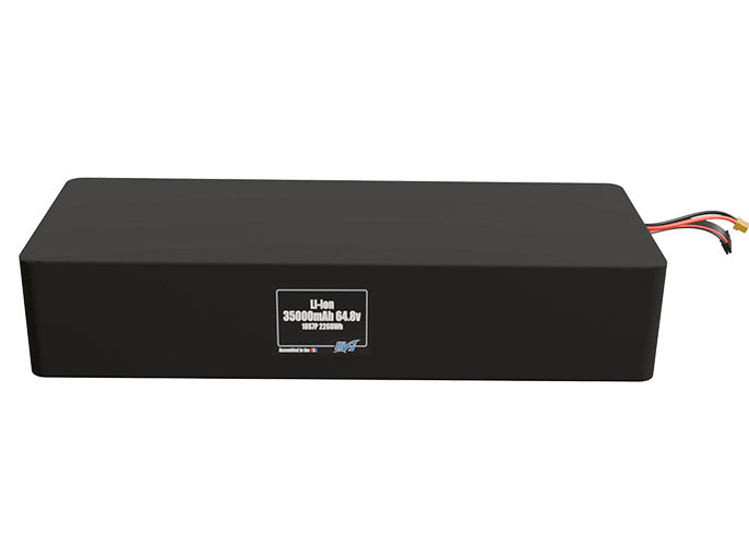 Front-facing render of the 64.8V 35000mAh 18S7P Lithium-Ion battery, assembled in the USA by maxamps, for drone and robotics applications.