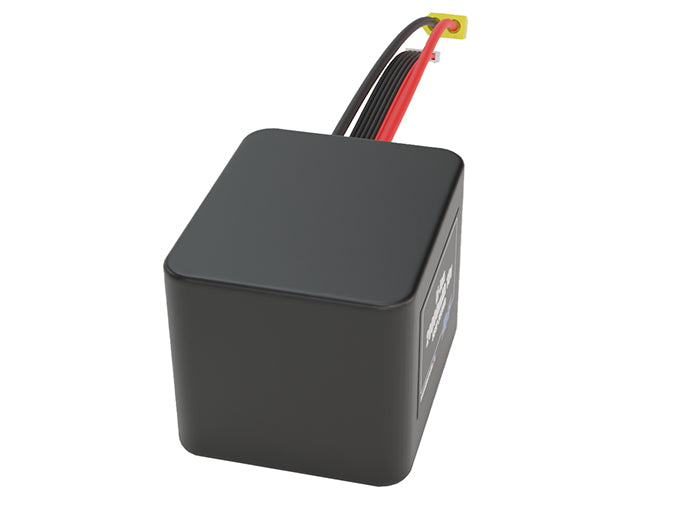 Side-angle render of a 18-volt 20000mAh lithium-ion battery, assembled in the USA for compact UAV, drone, and military robotics platforms.