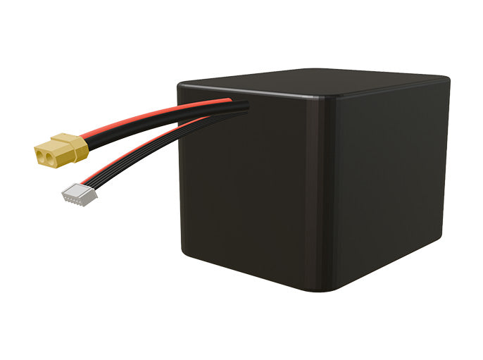 Side-angle render of a 18-volt 24000mAh lithium-ion battery, assembled in the USA for compact UAV, drone, and military robotics platforms.