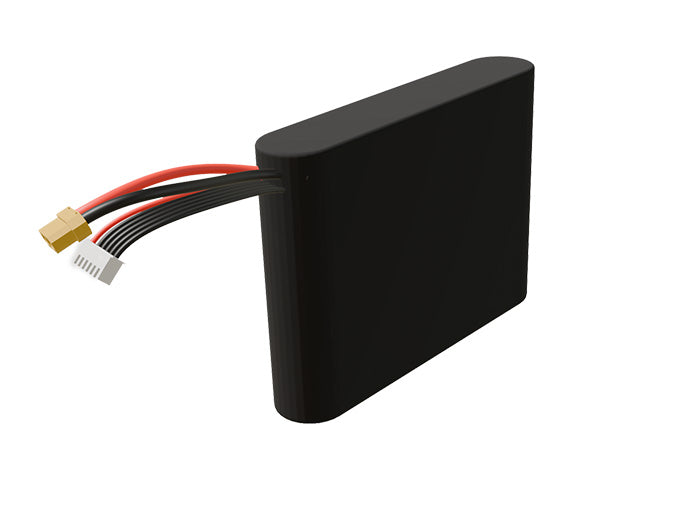 Side-angle render of a 18-volt 3500mAh lithium-ion battery, assembled in the USA for compact UAV, drone, and military robotics platforms.