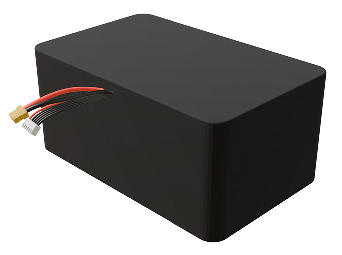 Side-angle render of a 18-volt 40000mAh lithium-ion battery, assembled in the USA for compact UAV, drone, and military robotics platforms.