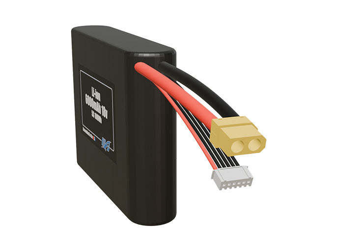 Side-angle render of a 18-volt 6000mAh lithium-ion battery, assembled in the USA for compact UAV, drone, and military robotics platforms.