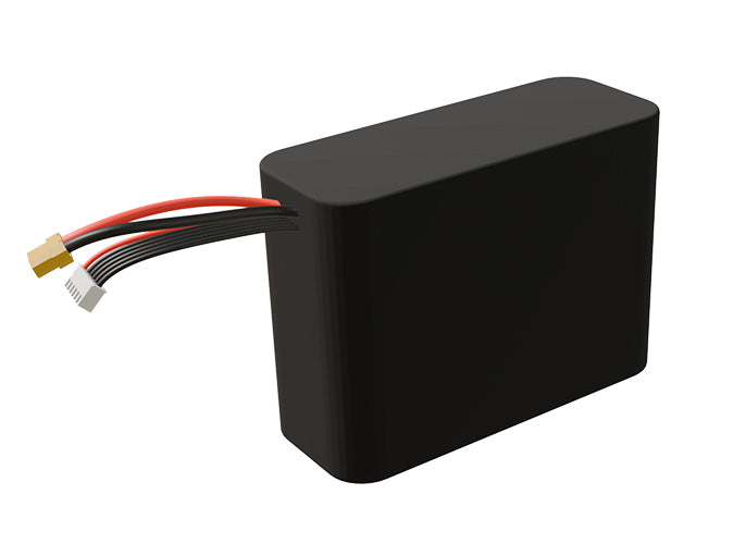 Side-angle render of a 18-volt 9000mAh lithium-ion battery, assembled in the USA for compact UAV, drone, and military robotics platforms.