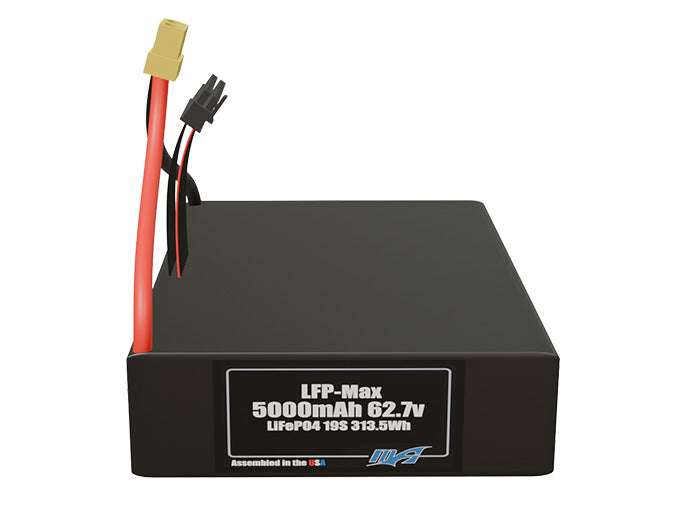 Front-facing render of the 62.7V 5000mAh 19S LFP-Max LiFePO4 battery, assembled in the USA by maxamps, for drone and robotics applications.