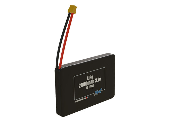 Rendered view of a slim 2000mAh LiPo cell, used in small UAV and defense-grade robotics projects.