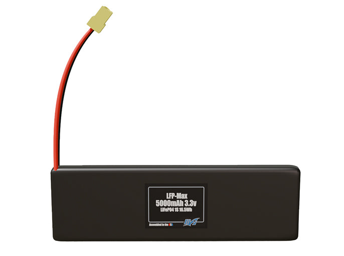 Front-facing render of the 3.3V 5000mAh 1S LFP-Max LiFePO4 battery, assembled in the USA by maxamps, for drone and robotics applications.