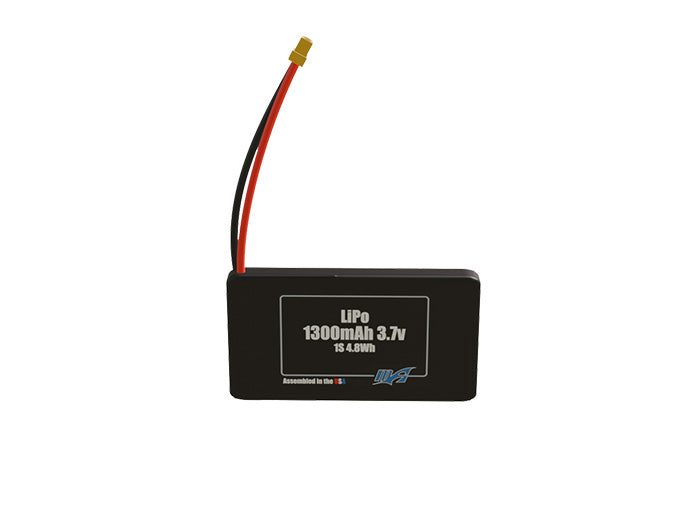 Front-facing render of the 3.7V 1300mAh 1S LiPo battery, assembled in the USA by maxamps, for drone and robotics applications.