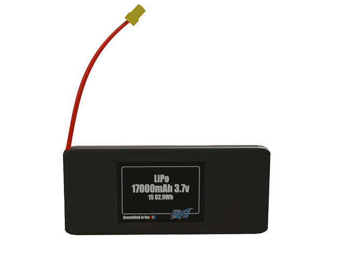 Front-facing render of the 3.7V 17000mAh 1S LiPo battery, assembled in the USA by maxamps, for drone and robotics applications.