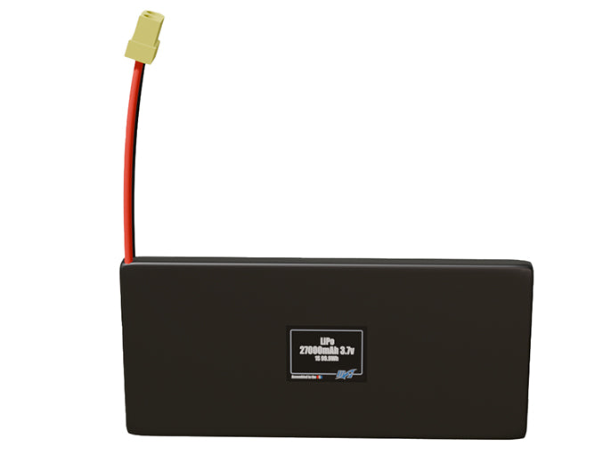 Front-facing render of the 3.7V 27000mAh 1S LiPo battery, assembled in the USA by maxamps, for drone and robotics applications.