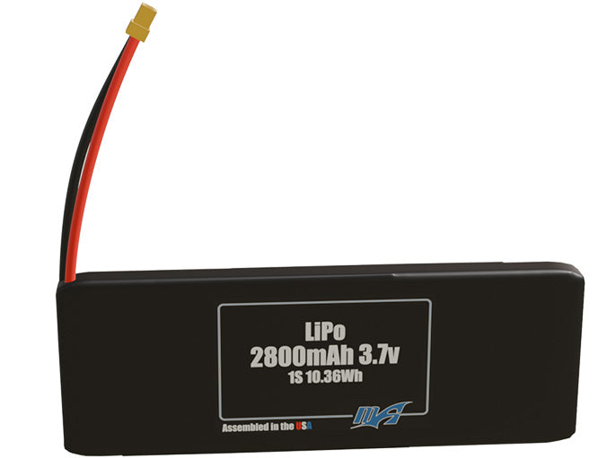 Front-facing render of the 3.7V 2800mAh 1S LiPo battery, assembled in the USA by maxamps, for drone and robotics applications.