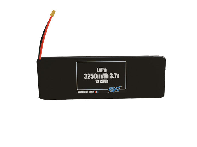Front-facing render of the 3.7V 3250mAh 1S LiPo battery, assembled in the USA by maxamps, for drone and robotics applications.