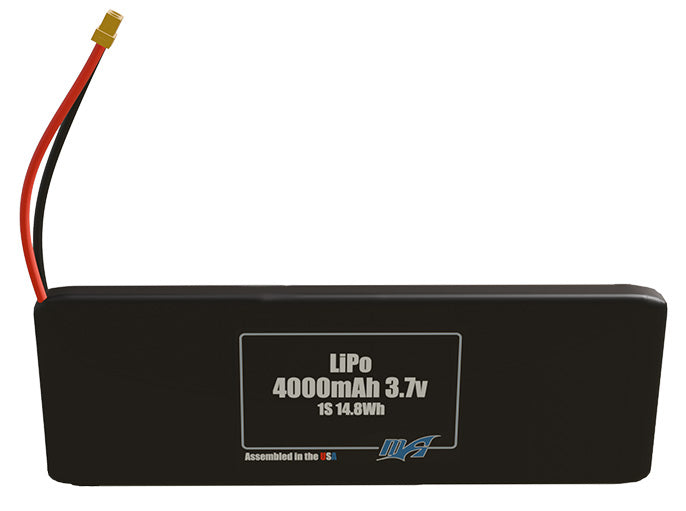 Front-facing render of the 3.7V 4000mAh 1S LiPo battery, assembled in the USA by maxamps, for drone and robotics applications.