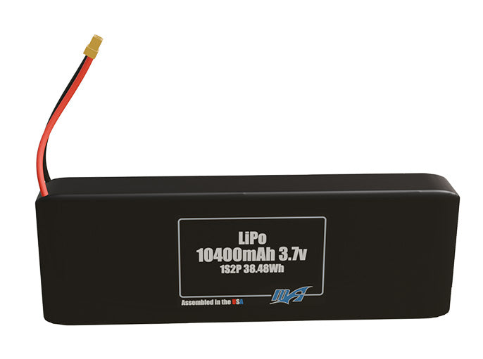Front-facing render of the 3.7V 10400mAh 1S2P LiPo battery, assembled in the USA by maxamps, for drone and robotics applications.