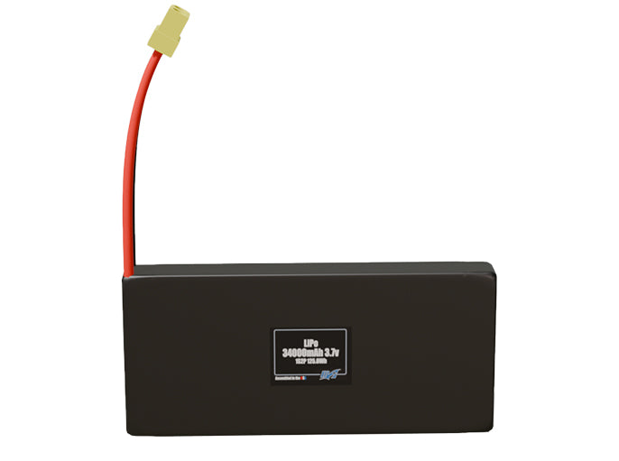 Front-facing render of the 3.7V 34000mAh 1S2P LiPo battery, assembled in the USA by maxamps, for drone and robotics applications.