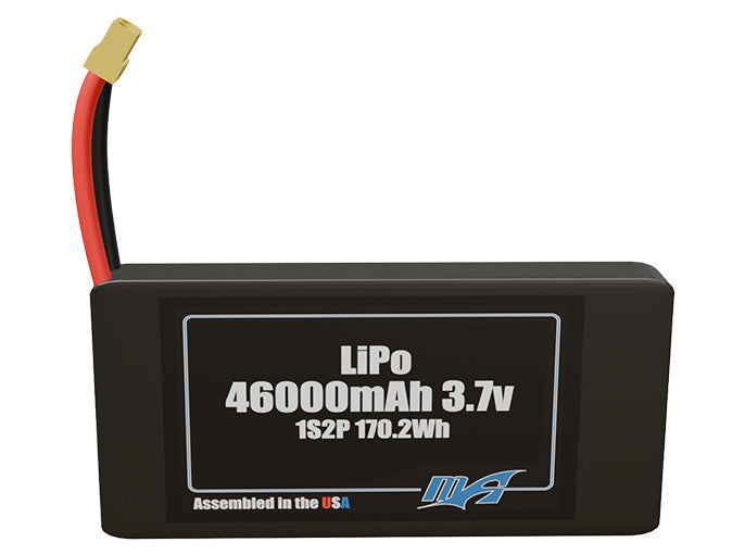 Front-facing render of the 3.7V 46000mAh 1S2P LiPo battery, assembled in the USA by maxamps, for drone and robotics applications.