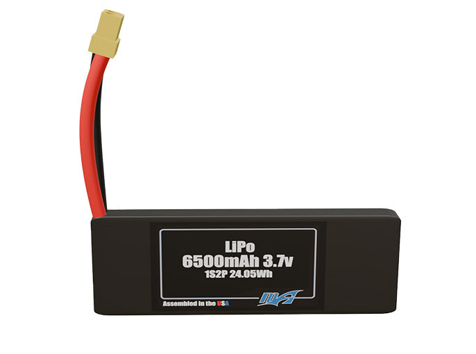 Front-facing render of the 3.7V 6500mAh 1S2P LiPo battery, assembled in the USA by maxamps, for drone and robotics applications.
