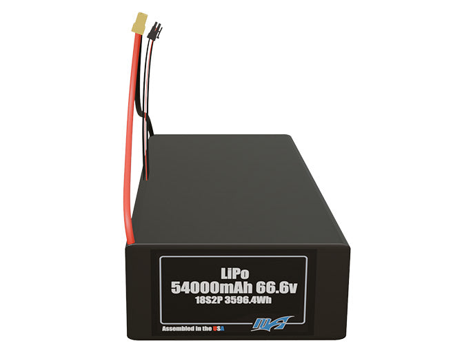 Front-facing render of the 66.6V 54000mAh 18S2P LiPo battery, assembled in the USA by maxamps, for drone and robotics applications.
