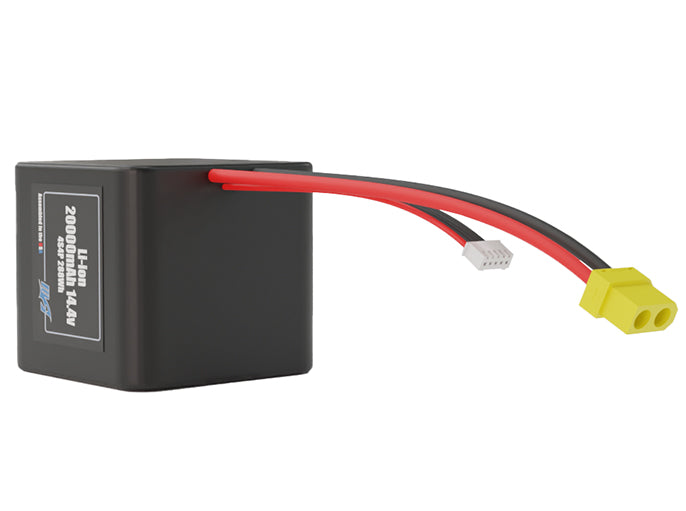 Angled product render of the 20000mAh 16-cell Lithium-ion pack. A lightweight energy source for UAV, drone, and robotic builds.