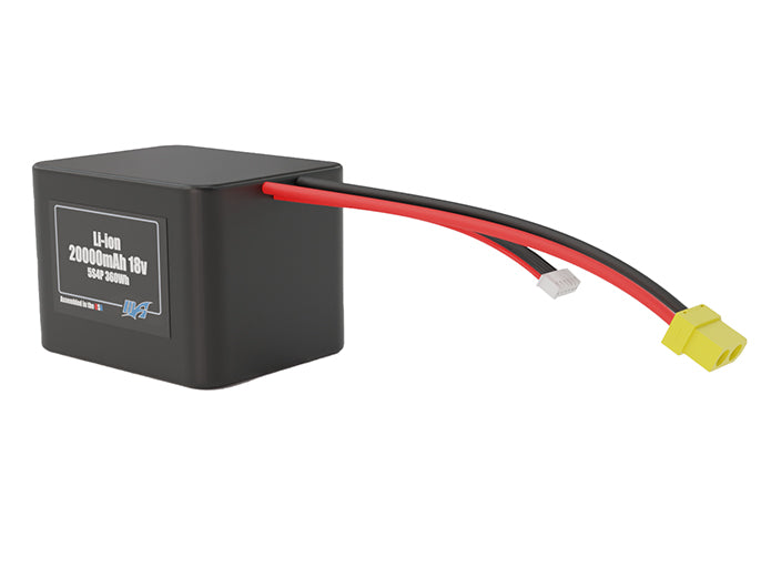 Angled product render of the 20000mAh 20-cell Lithium-ion pack. A lightweight energy source for UAV, drone, and robotic builds.