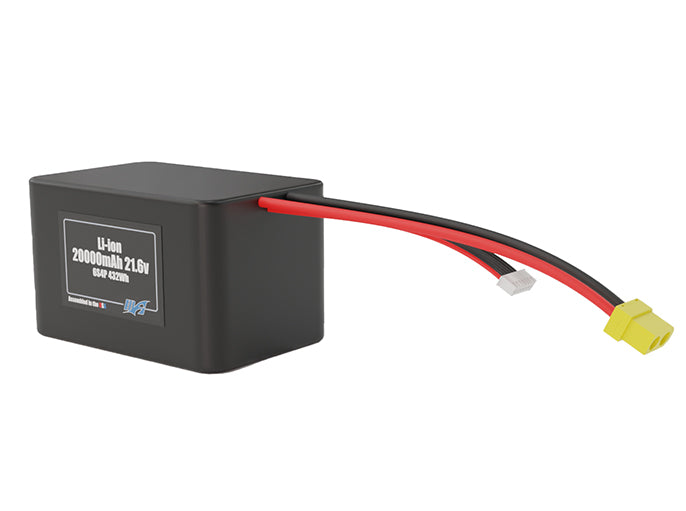 Angled product render of the 20000mAh 24-cell Lithium-ion pack. A lightweight energy source for UAV, drone, and robotic builds.