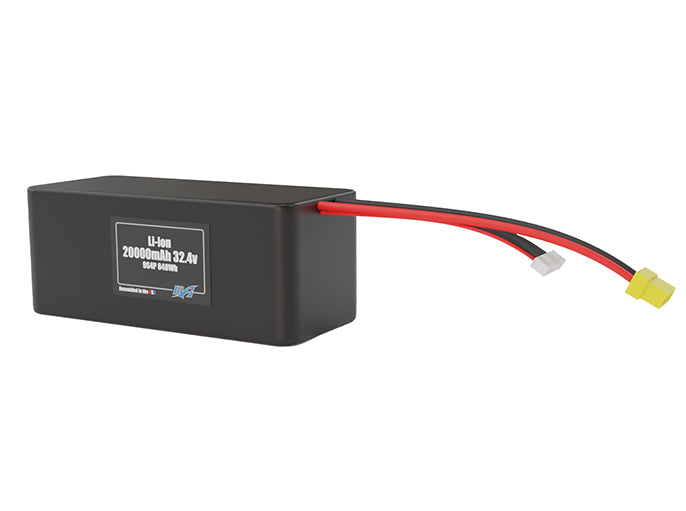 Angled product render of the 20000mAh 36-cell Lithium-ion pack. A lightweight energy source for UAV, drone, and robotic builds.