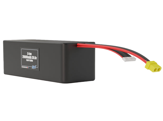 Angled product render of the 20000mAh 44-cell Lithium-ion pack. A lightweight energy source for UAV, drone, and robotic builds.