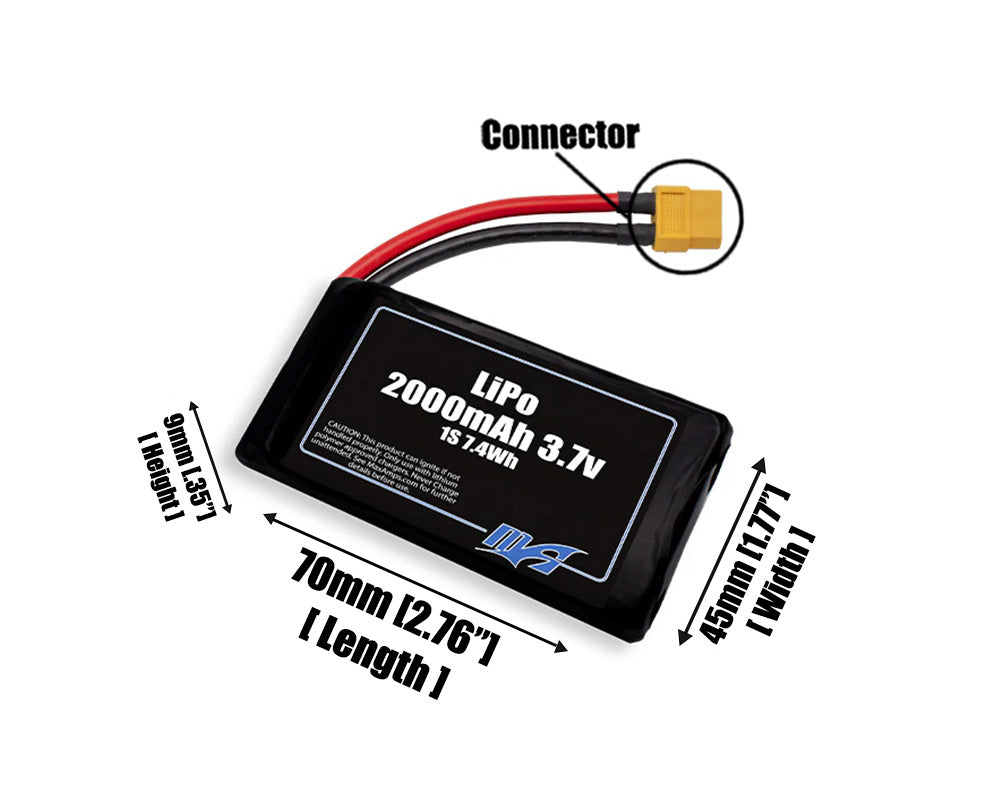 Size reference photo of the 2000mAh 3.7V LiPo pack showing 70 mm by 45 mm by 9 mm dimensions ideal for drones or small robotic systems where space matters.