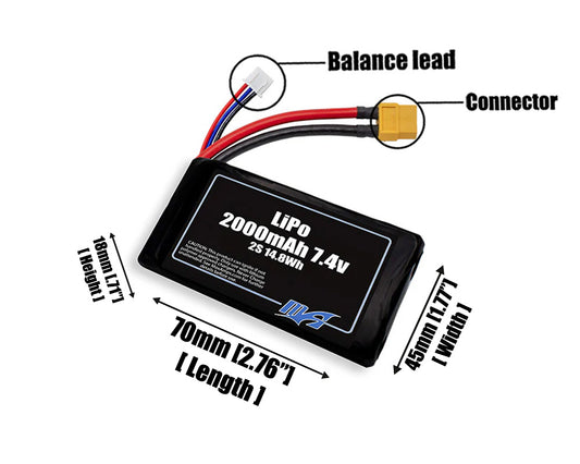 Size reference photo of the 2000mAh 7.4V LiPo pack showing 70 mm by 45 mm by 18 mm dimensions ideal for drones or small robotic systems where space matters.