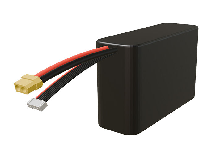 Side-angle render of a 21.6-volt 12000mAh lithium-ion battery, assembled in the USA for compact UAV, drone, and military robotics platforms.