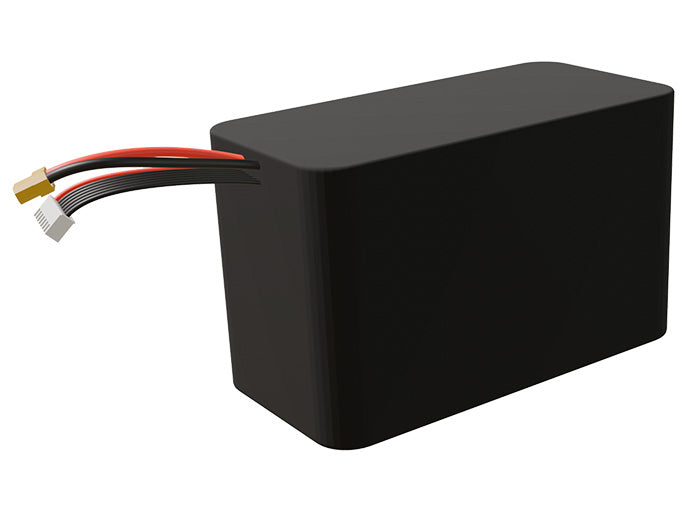 Side-angle render of a 21.6-volt 13500mAh lithium-ion battery, assembled in the USA for compact UAV, drone, and military robotics platforms.